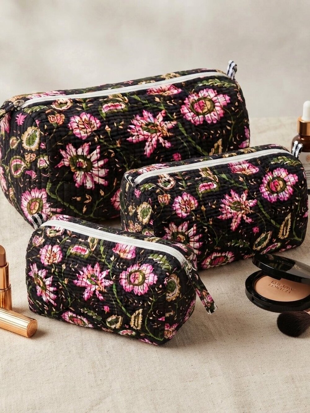 Set Of 3 Block Print Toiletry Bags, Cotton Makeup Bag, Cosmetic Bag Set Gift